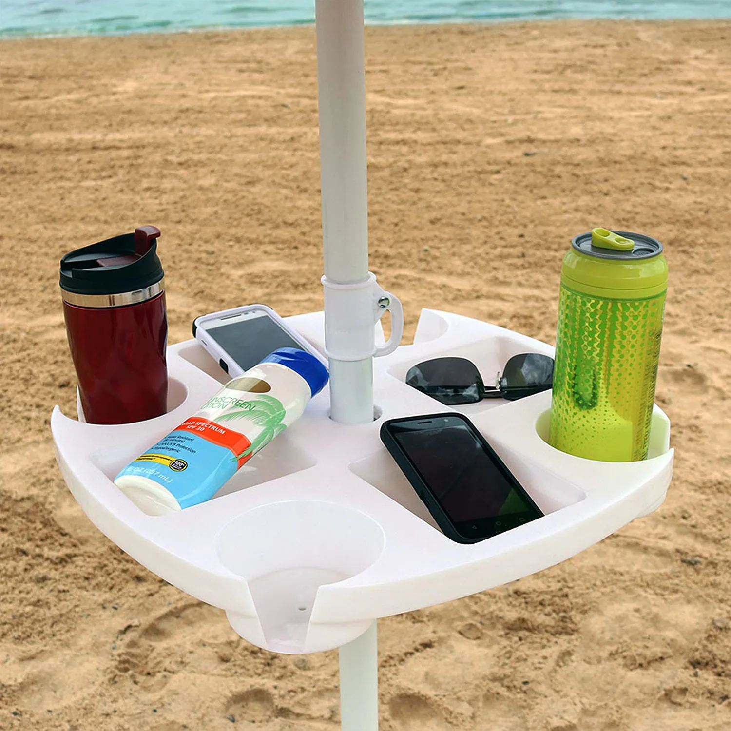 CIBeach poslužavnik za suncobran sa 4 držača za čaše i 4 odeljka za grickalice – idealan za plaže i bašte! – BAŠTENSKI NAMEŠTAJ